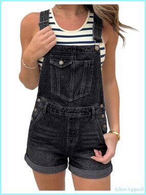 Women's Denim Overall Shorts Adjustable Strap Cuffed Hem Jean Shortalls